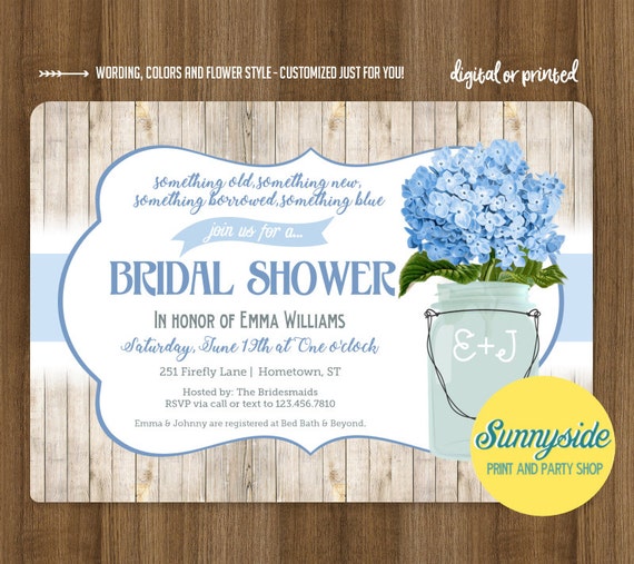Something Blue rustic mason jar shower invitation, bridal shower or wedding shower with blue hydrangeas, printable or printed Il_570xn