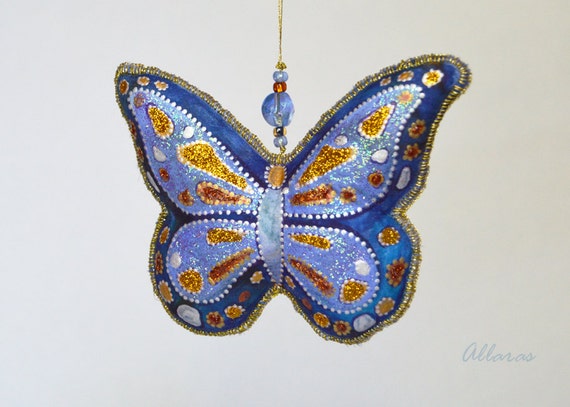 Blue - Gold Butterfly - Handpainted Silk Ornament