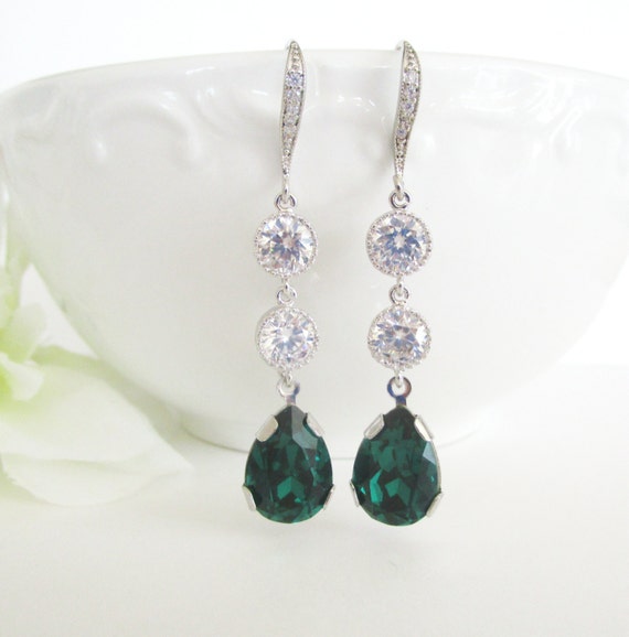 Emerald Green Earrings Swarovski Crystal Earrings Teardrop