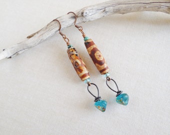 Efia.Holiday Woman Gift,Gift For Her,Lampwork Headpins,Tibetan Agate,Southern Style,Ocean Breeze Czech Glass,Yeelen Spirit,Artisan Earrings