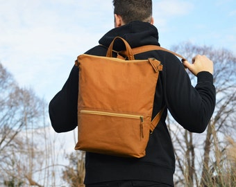 Waxed Canvas Backpack, Mustard Minimalist Rucksack, Vegan Convertible Waterproof Laptop Carrier, available in two sizes, Christmas Gift