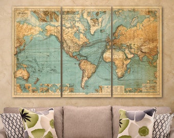 World map print - Chart of the world , world map fine reproduction - Large world map - Available in 1 piece or 3 sections