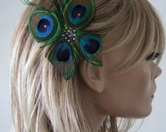 Bridal Prom Peacock Feathers Butterfly Fascinator Clip "Dot" Whimsical Plume de Paon Bride Bridesmaids Wedding Guest Boutonniere Corsage