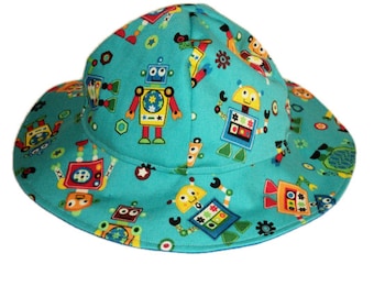 Baby Sun Hat, Baby Boy Hat, Robots Sun Hat, Summer Hat, Newborn Hat, Toddler Sun Hat, Floppy Beach Hat, Infant Cotton Hat, Made To Order