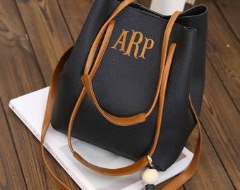 Monogram Bucket Purse, Embroidered Monogram Leather Tote Bag, Monogram Faux Leather Tote Bag, Monogrammed Handbag, Monogrammed Purse