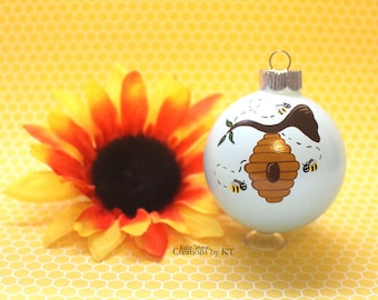 Honey Bee Ornament MADE TO ORDER Bee Hive Beekeeper Bee Enthusiast Glass Bauble Hand Painted
