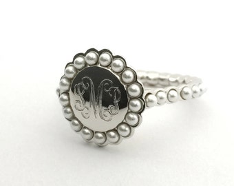 Monogram Pearl Ring Personalized, Monogrammed Sterling Silver Ring, Pearl Signet Ring Silver Women, Monogram Engagement Ring