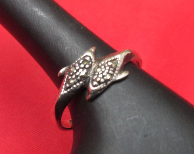 Sterling Dolphin Ring -Silver studs - marcasites - size 8 1/2