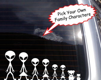Pick Your Own Alien Stick Figure Family Vinyl Decal - fits laptops, car windows and any smooth surface