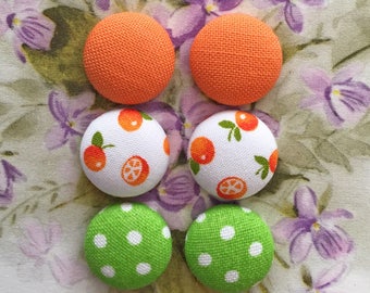 Fabric Covered Button Earrings / Set of 3 / Wholesale Jewelry / Handmade Gifts / Hypoallergenic Studs / Retro Accessories / Green and Orange