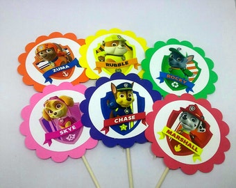 Paw Patrol Cupcake Toppers, Marshall, Chase, Rubble, Skye, Rocky and Zuma- Birthday Party-Set of 12