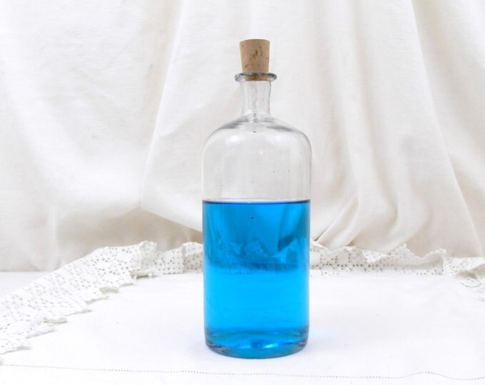 Antique French Blown Clear Glass Apothecary / Chemical Bottle With Cork, Chemist, Country Decor, Kitchen, Vase, Chemisty, Perfume, Retro