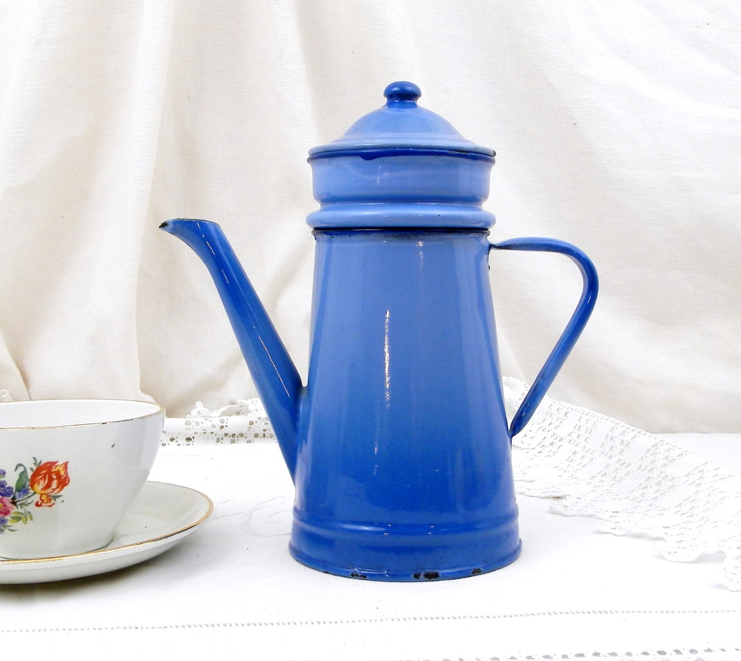 Antique French Pale Blue Enamelware Cafetière Excellent