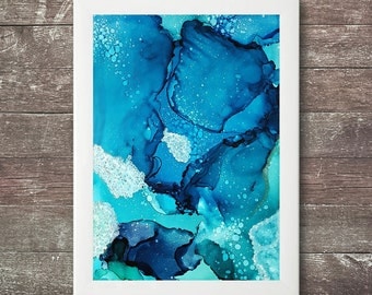 Original abstract painting blue and green ocean ink painting