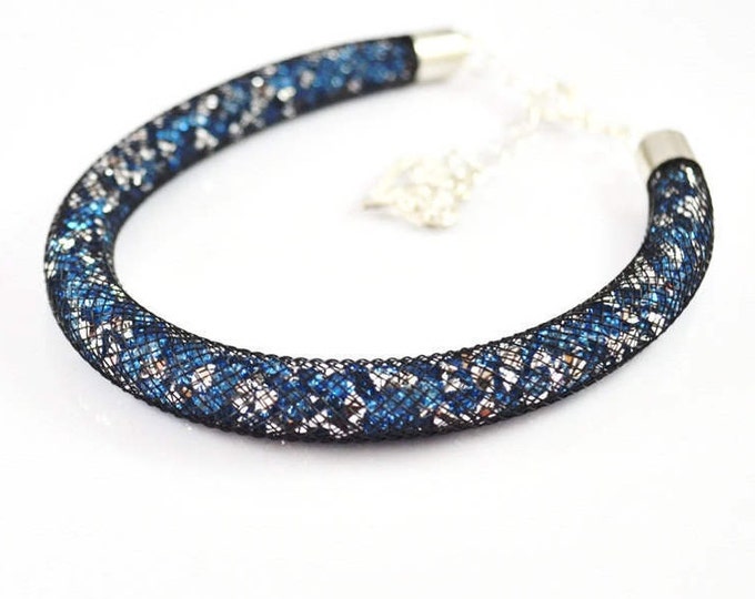 Blue sparkly mesh Crystal bracelet nylon mesh shiny bracelet net modern mesh bracelet crystal bracelet women girls gift idea trend bracelet
