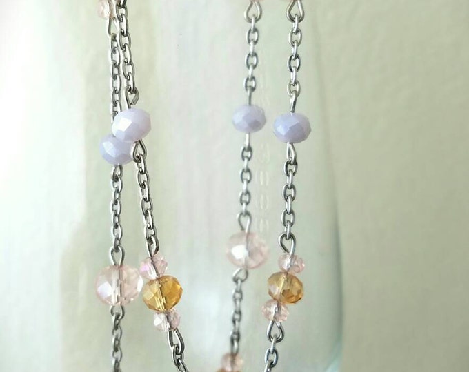 Pink Yellow Honey Purple Lavender Glass Beaded Chain Necklace, Blue Green Teal Glass Beaded Chain Necklace