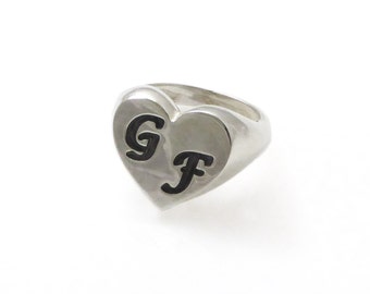 Heart monogram ring. College ring. Initial ring. Silver monogram ring. Women initial band. Heart initial ring. Silver ring. 2132