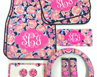 Monogrammed Car Accessories Set Car Floor Mats Steering Wheel Cover & Seat Belt Covers, License Plate and Frame Car Coasters Pomegranate