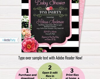 Tea Party Baby Shower Invitations - Baby Shower Tea Party Invitations - Baby Shower Invitations - EDIT at home NOW with Adobe Reader!