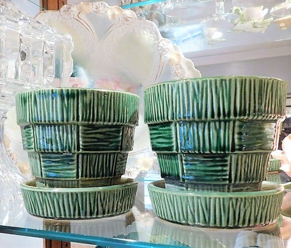 Pair Green McCoy Flower Pot Planters 1950s Mid Century Cottage Home Decor Garden Beach House Country Farm Farmhouse Spring Summer Gardening