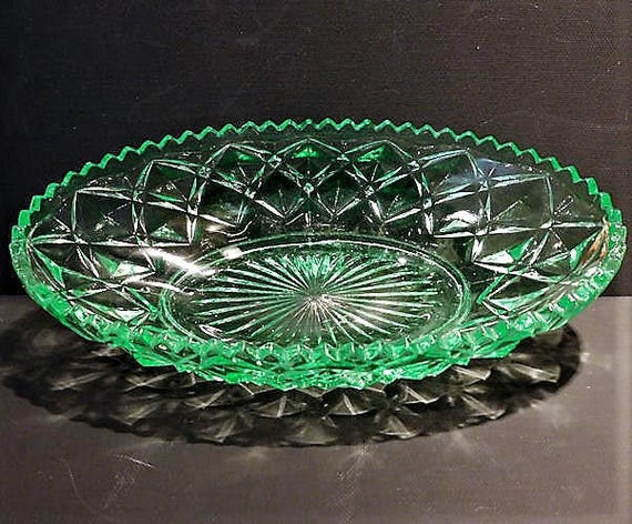 1930s Green Vaseline Uranium Depression Glass Celery Relish Serving Imperial Diamond Block Vintage Kitchen Farmhouse Country Cottage Home
