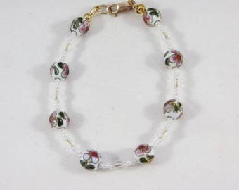White, Green And Pink Floral Cloisonne And Glass Beaded Bangle Bracelet