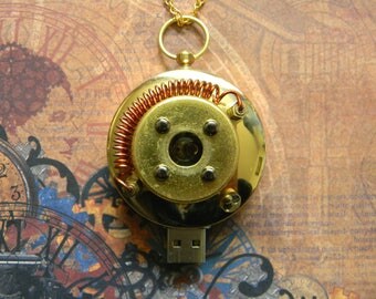 Custom Steampunk Arc Reactor Pocket or Pendant Flash Drive - 64 GB Thumb Drive Memory Stick - Handmade, Brass, New + Antique Parts