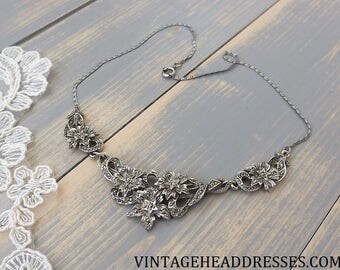 Vintage Marcasite Necklace, Vintage Floral Marcasite Necklace, Art Deco, Wedding Necklace, Bridal Necklace, Marcasite, Pendant, Mid Century