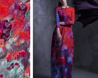Avant Garde Dress, Prom Dress, Red Evening Gown Dress, Plus Size Gown, Long Sleeve Dress, Red Dress, Print Dress, Crew Neck Dress
