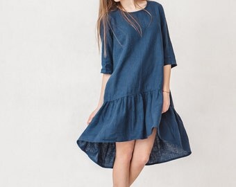 Navy blue linen summer dress, Minimal linen dress, Linen women clothes, Linen dress, Simple dress, Linen clothing, Linen women clothes