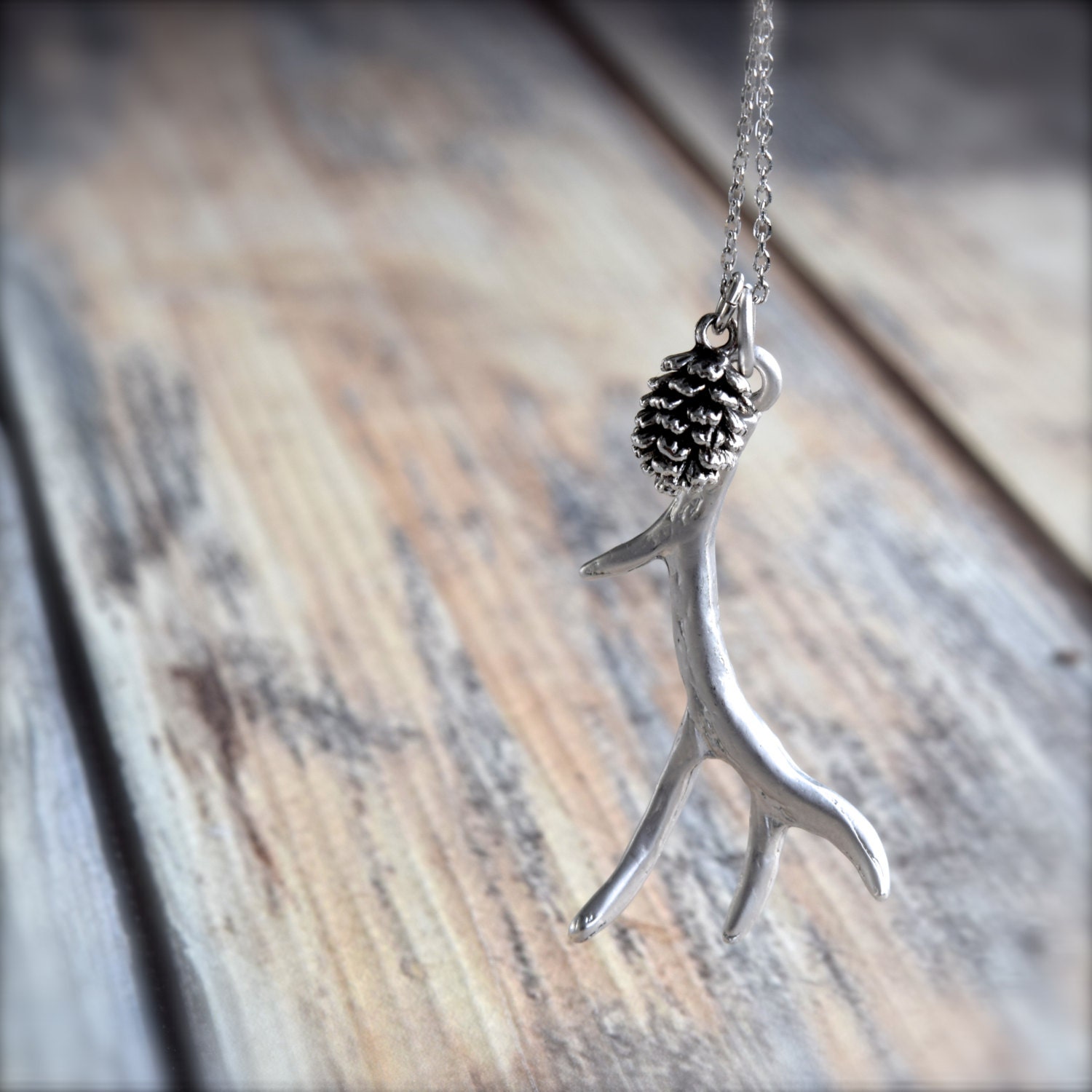 Antler Necklace, Branch Necklace, Long Silver Necklace, Silver Layering Necklace, Sweet Silver Pinecone, Woodland Necklace