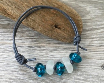 Natural sea glass bracelet, teal beaded bracelet, unisex bracelet, surfer jewelry, surfer bangle, beach comber bracelet, leather bracelet.