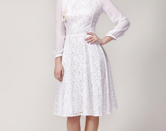 White Lace Chiffon Dress / Little White Dress / White Fit and