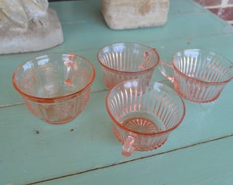 Mismatch Collection of Antique Pink Depression Glass Tea Cups, Rose Print Pattern, Shabby Chic, Tea, Coffee