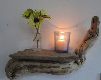 FREE SHIPPING = Driftwood Shelf with Candle and Bottle for flowers Wall Decoration "Nautical Style"