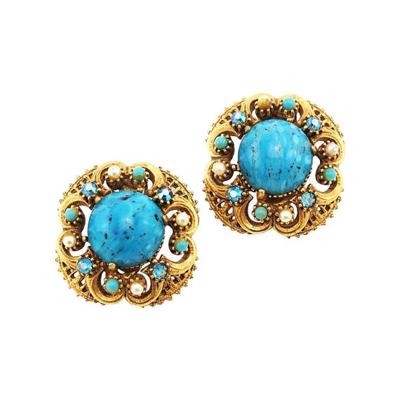 Vintage Florenza Earrings in Turquoise and Gold Tone