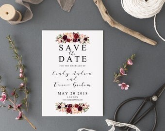 Save the date Template printable, Save the date postcard Template, Marsala Save the date, Burgundy Save the date postcard Template, FL16