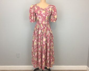 Floral Dress Victorian Romantic V Back Dress Garden Party Pink Dress Puff Sleeves Cotton Laura Ashley Size 8 Dress Medium Womens Clothing