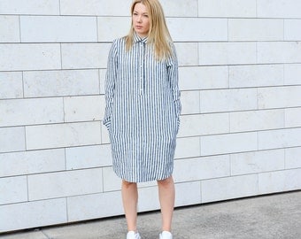 Linen dress for women- tunic dress- shirt dress- striped dress- women summer dress- navy dress- dress with sleeves- casual dress