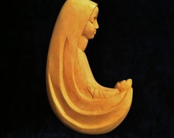 Vintage Madonna And Child In Hand Carved Wood