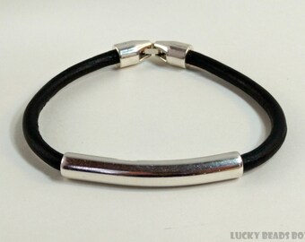 Men's leather bracelet womens bracelet men's bracelet round leather bracelet tube bracelet black leather bracelet snap clip clasp RLB5-35-01