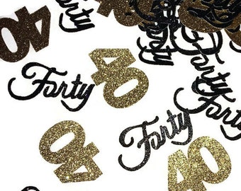 40th birthday party decorations, fortieth anniversary, 40 confetti, forty, 50CT, glitter, supplies, black and gold