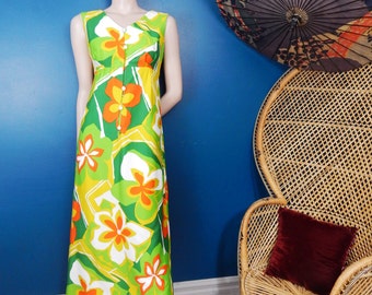 Vintage Mod Hawaiian Maxi Dress | Empire Waist | Made by Eleu | Size Small