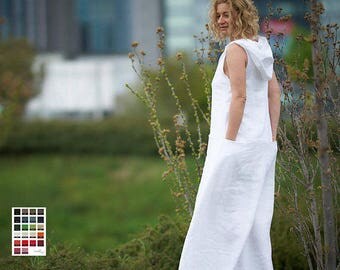 White Summer Dress, Plus Size Linen Dress, Linen Maxi Dress, Women White Dress, Bohemian Dress, Maxi Kaftan, Elven Dress, Hooded Dress
