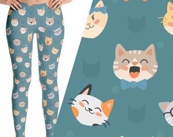 Cute Cat Print Leggings, Hipster Cat Leggings, Cat Print Yoga Pants, Hipster Cat, Cute Cat Yoga Pants, kitten leggings, cat face leggings