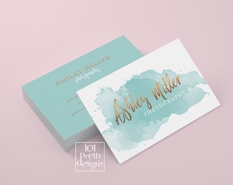 Watercolor business card template rose gold printable business card design gold and blue business card rose gold foil makeup artist glitter