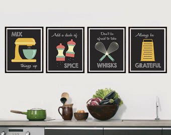 Retro Kitchen Art - Kitchen Utensils - Kitchen Prints - Puns - Set of Four - Mid Century Inspired Kitchen Decor
