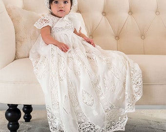 Christening Gown & Bonnet, Grace Baptism Gown, Lace Christening Gowns