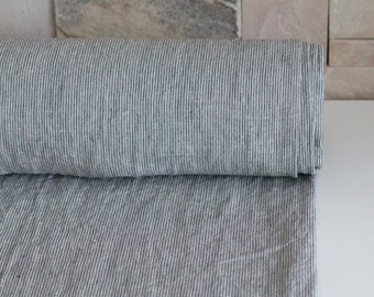 LINEN FABRIC STRIPED 200GSM Middle weight linen color not dyed and dark gray narrow striped 100% Pure Linen fabric washed and softened