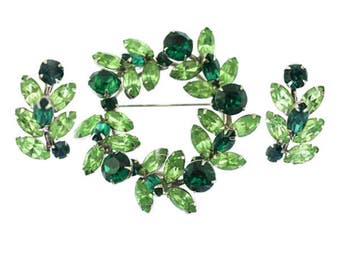 Vintage Sherman Green Rhinestone Brooch and Earring Set, Signed Sherman Brooch, Signed Sherman Earrings, Sherman Rhinestone Brooch